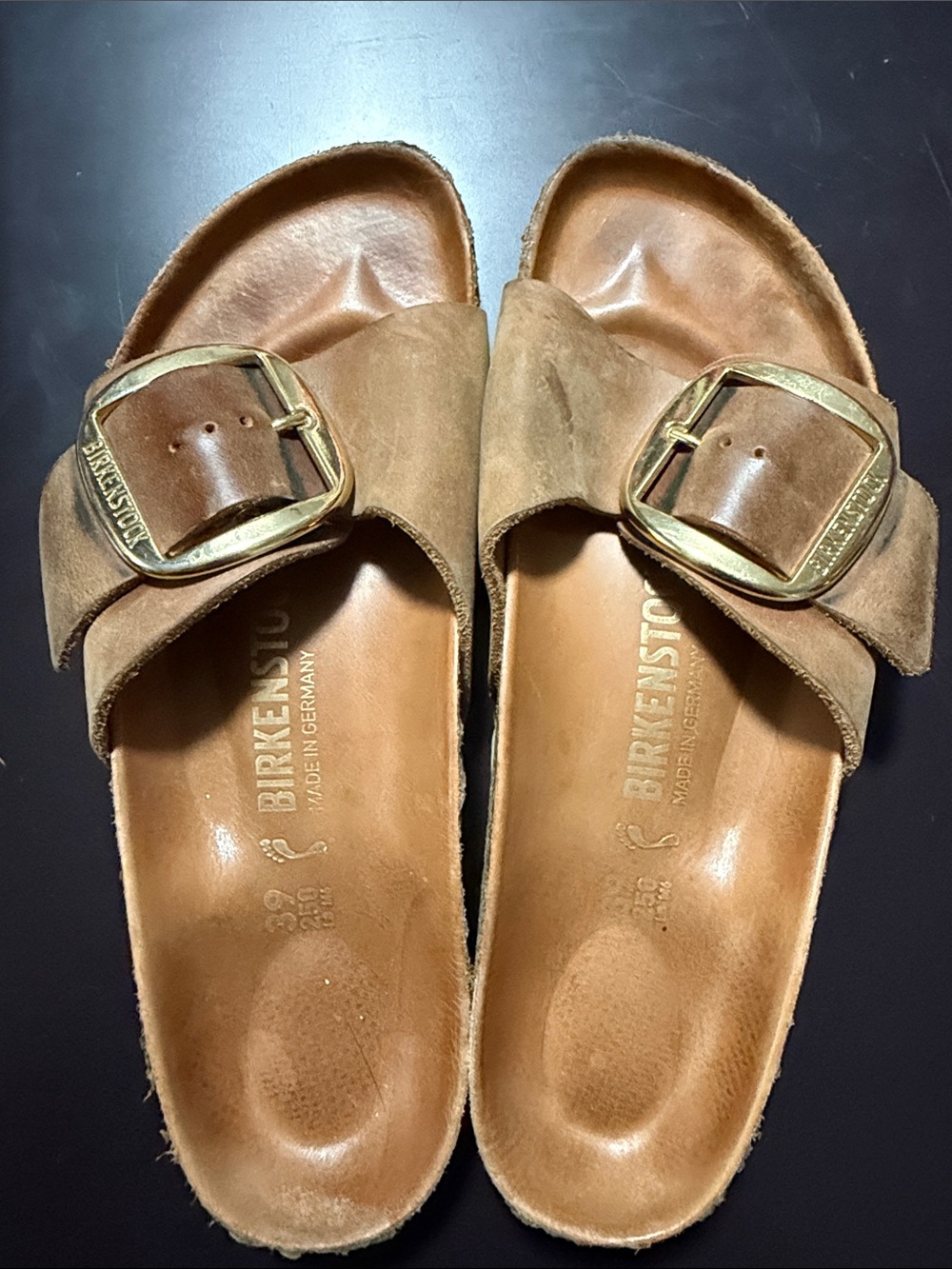 Birkenstock Women’s Tan Suede Madrid Single-Strap Sandals with Gold Buckle